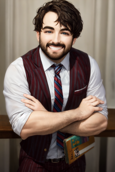 <lora:Alex_Brightman:.7> Alex Brightman, ((masterpiece))1boy, male focus, facial hair, brown hair, necktie, solo, afro, realistic, striped, beard, striped pants, vest, looking at viewer, hand on own chest, ((smirk,grin)), grunge aesthetic, (best aesthetic), striped shirt, shirt, rule of thirds, best light and shadow, (beautiful detailed eyes), (extremely detailed),((best quality)), rim lighting,