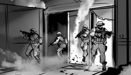 storyboard sketch of SWAT team breaching a door with explosives, wood splinters and smoke filling the air.  <lora:storyboard sketch:0.8>