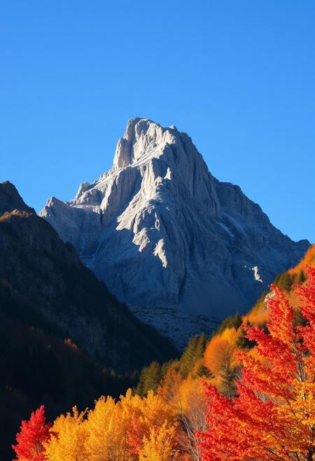 Award-winning photography, towering mountain peak, autumn scenery with vibrant fall colors, clear sky with no clouds, crisp atmosphere, golden and red leaves, sharp mountain textures, dramatic sunlight, wide-angle shot, professional composition, serene and peaceful.