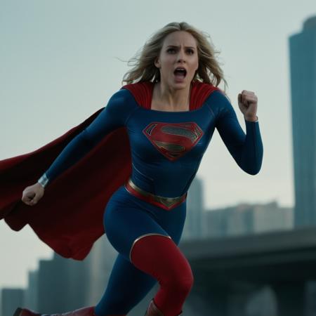 cinematic film still of  <lora:Superman v2:1>
Kal-El, Kryptonian, Man of Steel, Superman a woman in a superman costume is running through the air,1girl,solo,long hair,breasts,open mouth,blonde hair,red eyes,boots,teeth,cape,torn clothes,blood,muscular,glowing,clenched hand,glowing eyes,clenched hands,realistic,superhero,debris, shallow depth of field, vignette, highly detailed, high budget, bokeh, cinemascope, moody, epic, gorgeous, film grain, grainy