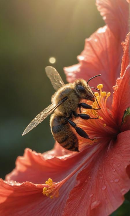 macro photography, bee, (pollen), red hibiscus, morning dew, golden hour, light rays, <lora:add-detail-xl:1>