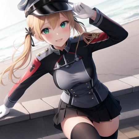 (masterpiece, best quality:1.2),illustration,8k,hd,1girl,solo,hat,blonde hair,twintails,uniform,gloves,hair ornament,military uniform,anchor hair ornament,peaked cap,white gloves,low twintails,iron cross,breasts,smile,long sleeves,military hat,long hair,green eyes,aqua eyes,microskirt,black thighhighs,black skirt,pleated skirt,<lora:Prinz Eugen-V1:0.6>,