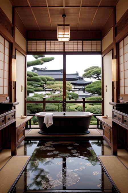 japaninterior, bathroom, bathtub, steam, dim light, ornament, mirror, ornate, detail, traditional, stone floor, ceramic, painting, japan calligraphy, hot water, garden,  wet floor, <lora:ARWJapanInterior:1>