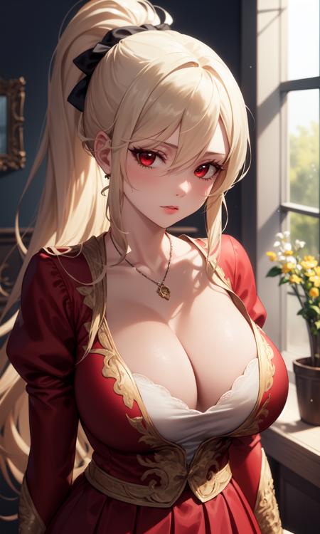 (masterpiece, best quality:1.2), extremely detailed, detailed hair, soft skin,
1girl, solo, mature, mature female, milf, standing, upper body, facing viewer,
blonde hair, long hair, high ponytail, long ponytail, bangs, hair between eyes,
red eyes, long eyelashes, thick eyelashes, looking at viewer,
red dress, puffy skirt, long skirt, puffy sleeves, juliet sleeves, long sleeves, red sleeves, cleavage, necklace,
large breasts,
indoors, renaissance, vintage, window, curtains, (black walls:1.2), ornate walls,