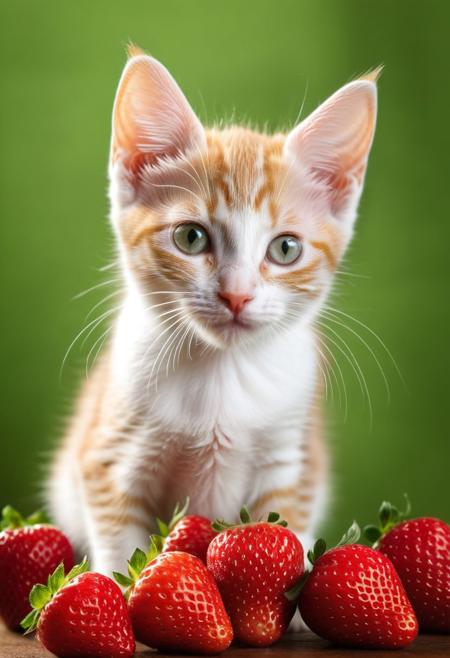 Create an image of a whimsical creature that resembles a small kitten with the texture and color of a ripe strawberry. The creature's body and face are covered in strawberry red, with characteristic seed-dotted skin. It has green leaf-like structures mimicking ears and a ruff around its neck, as if the top of a strawberry was placed on its head. This kitten-like entity has round, innocent eyes, a small pink nose, and delicate white whiskers. Its pose is seated, with one paw slightly raised as if it were about to take a gentle step, and its tail curls behind its body, appearing plump and strawberry-like as well. Surrounding the creature are actual strawberries of a similar shade of red and with green caps, scattered on a glossy wooden surface. In the soft-focused background, hints of indoor plants in shadows create an almost ethereal setting. The overall atmosphere is quaint and charming, evoking a sense of magical realism. symmetrical cats eyes