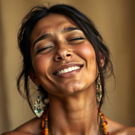 Beautiful Native American woman with nostrils wide, face flushed, mouth slightly open, head tilted back a bit, eyes half closed, pleased, aroused, head shot