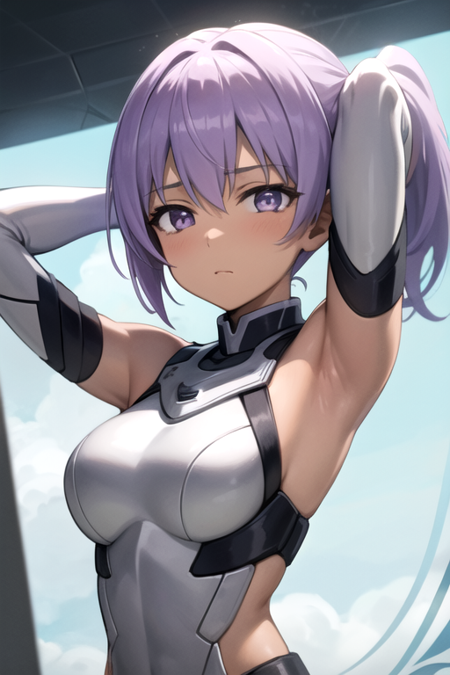 <lora:HayateSouma-02:0.7> ,hayatedol, 1girl, solo, looking at viewer,gloves, hair between eyes, closed mouth, purple eyes, upper body, ponytail,  purple hair, black gloves, elbow gloves, dark skin, armpits, armor, arms up, dark-skinned female, arms behind head, breastplate