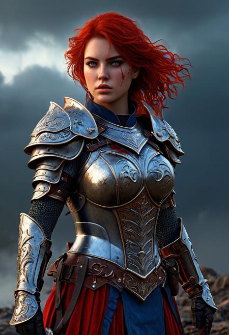 High resolution ultra-realistic of Beautiful Warrior girl, Fantasy style, 8k, dramatic lighting, standing on a bloody and stormy battlefield in a (fighting pose:1.1), fire, intricately designed shining iron armor, red skirt, perfect athletic figure fire, dirty face, ultra realistic, cinematic style, athletic figure, dark fantasy, covered in dirty and blood, cinematic colors Lighting, wavy red hair, realistic dirty bloody pale face, realistic blue eyes, beautiful Warrior girl on in cool iron armor, hyper-detailed, hyper-realistic, bright colours, Attractive 21 old years girl, Attractive, beautiful firm Breasts, sharp focus, digital painting, Photograph Taken on Nikon D750, Alphonse Mucha, 8K, athletic figure, Hyperdetailed, hyperrealism, Attractive, Attractive bust girl, asymmetric balance