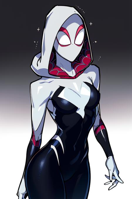 masterpiece,best quality,extreme detail,8k,image sharpness,<lora:Gwen:1>,gwendolyn,1girl,solo,breasts,looking at viewer,medium breasts,cowboy shot,hood,gradient,gradient background,bodysuit,mask,hood up,black bodysuit,animification,superhero,silk,spider web,spider web print,hooded bodysuit,