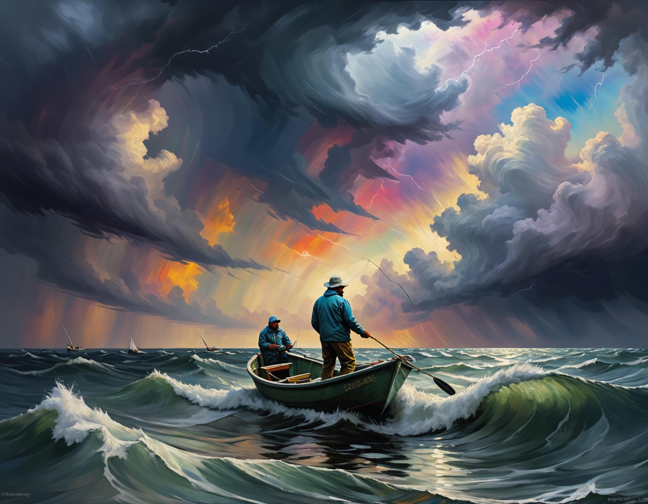 Two fishermen in a small boat in the ocean during a storm.