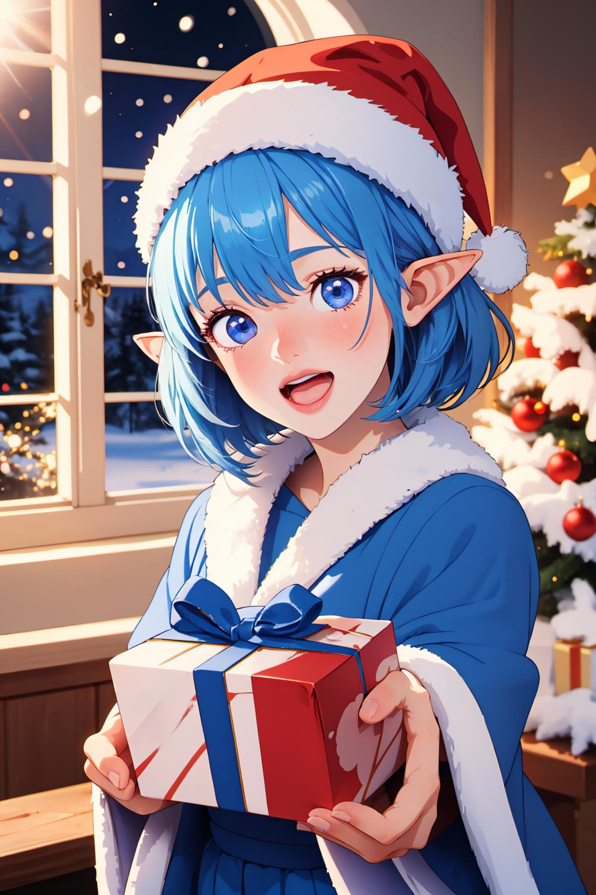 A blue-haired elf girl with blue eyes holding a red and white gift.
