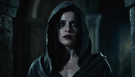 upperbody cinematic film still of <lora:3FAD04FFA7:0.65> CASDIMI standing in a dark castle, sweaty body, blood around her mouth, hooded, pale skin, black hair, detailed upperbody, grey skin, yellow eyes, shallow depth of field, vignette, highly detailed, high budget, bokeh, cinemascope, moody, epic, gorgeous, film grain, grainy, Canon M50