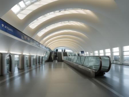 <lora:JJsMetroStation_XL:1>, ((Metro Station)),building,masterpiece , best quality, soft lighting, high quality, indoors,  building, scenery,real world location, sign, sunlight, sky, daytime,  enough detail, high resolution, super realistic, Photorealistic, highly detailed,reflection,glass,  esclator, hall way, curvy ceiling, reflection floor, stairs,