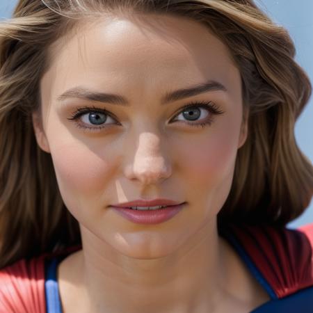 Photo of an actress with glossy lips dressed as supergirl, Nikon Z9, realistic matte skin, skin texture visible, (sharp focus), (high quality)