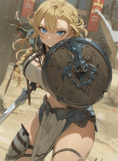 warrior1754 warrior1754,large breasts the anime style character is holding a large sword in her hand, as she stands on a large stone block, shield, 1girl, holding shield, sword, weapon, blue eyes, braid, solo, blonde hair, breasts, holding, smile, holding sword, looking at viewer, navel, large breasts, holding weapon, pelvic curtain, outdoors, armor sophie has a lot more armour on her body than just metal armour, 1girl, shield, weapon, braid, sword, breasts, holding weapon, blonde hair, blue eyes, solo, holding sword, holding, large breasts, smile, armor, holding shield, navel, looking at viewer, pelvic curtain, long hair