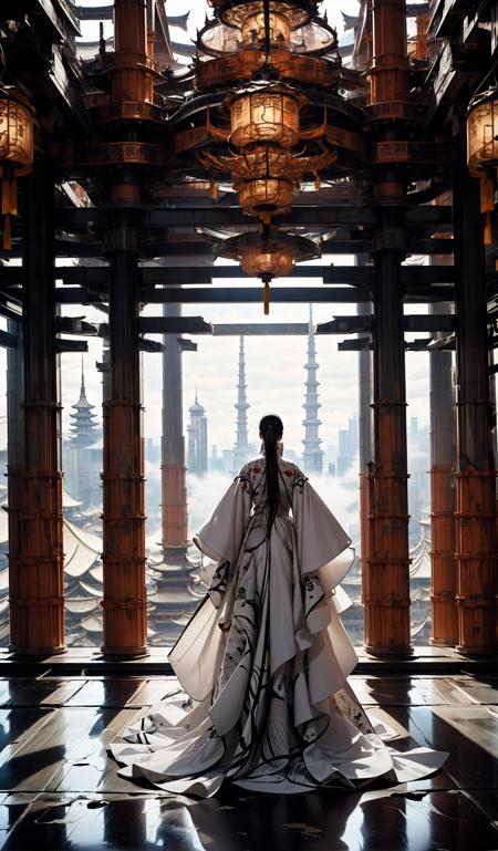 (dramatic, gritty, intense:1.4),masterpiece, best quality, 32k, insane details, intricate details, hyperdetailed, hyper quality, high detail, ultra detailed, Masterpiece, elaborate Hanfu(red Hanfu:1.4)(Chinese architecture:1.5)red
1 girls, smokefogA high fashion model, in an elaborate Hanfu designed by Alexander McQueen, stands amidst a bustling metropolis' futuristic architecture. This full body shot for Vogue, captured by Andreas Gursky, melds tradition and modernity
<lora:~Q?-[lIg
:0.9>