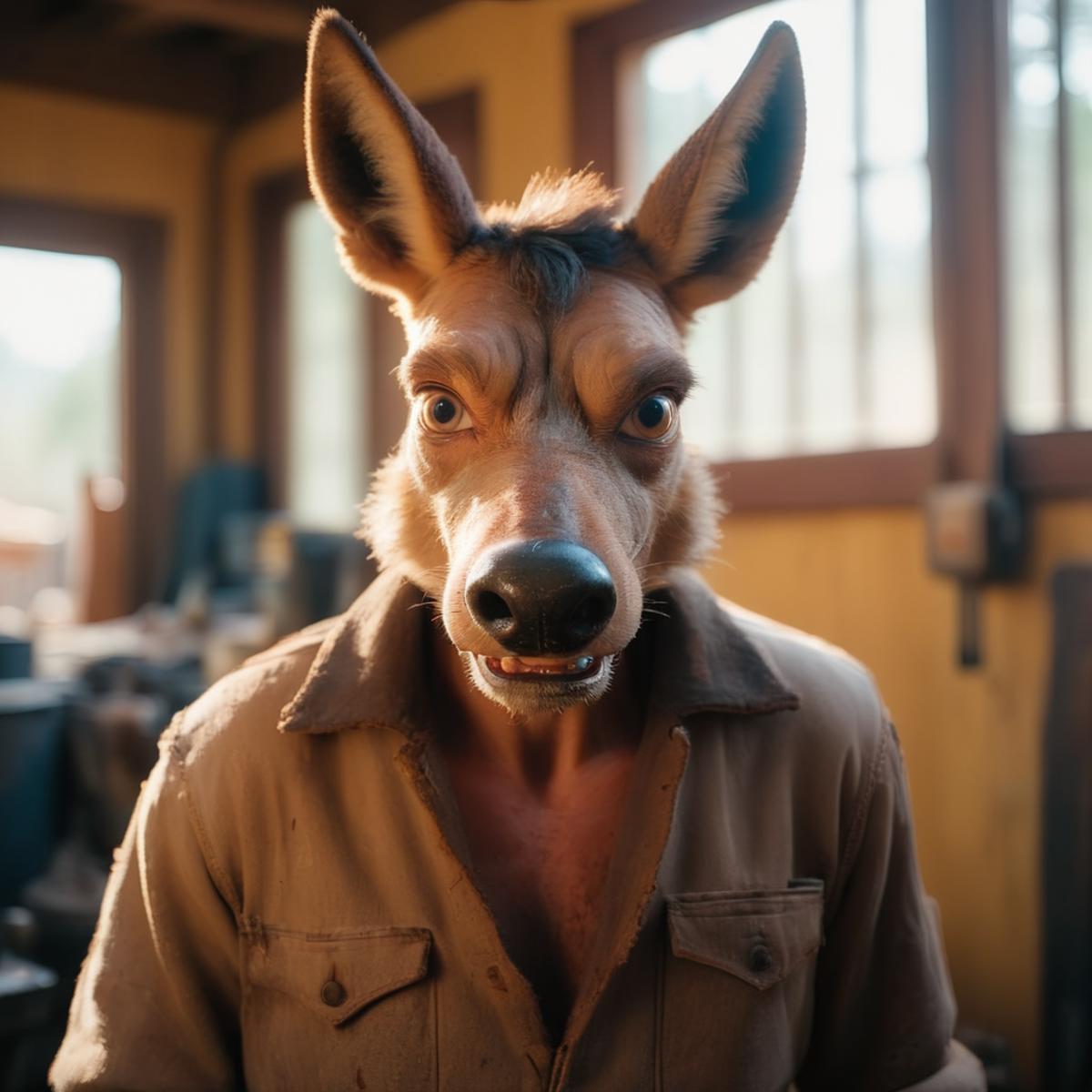 A man wearing a deer head mask with a brown shirt.