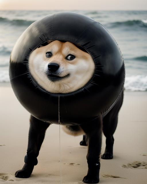 A small dog wearing a black balloon on a beach.