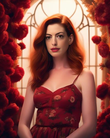 AnneHathaway, photograph, Flowery hourglass figure Girl, Contemplative Red hair, Fall, Masterpiece, spotlit, film grain, Phase One XF IQ4 150MP, 35mm, Polychromatic, extremely detailed CG Unity 8k wallpaper, <lora:AnneHathawaySDXL:1>