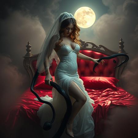 Bride in a stunning hot provocative concubine lingerie with delicate lace details,  her hair styled in loose, flowing waves, cathedral veil, wearing high heels that glint in the dim light, attempting to struggle free from dark, slithering tentacles that wrap around her waist and arms, pulling her towards a lavish, crimson-hued, wet-look bed with slime sheets and foil pillows, set amidst a thick, eerie fog that swirls around her, illuminated only by the pale glow of a full moon hanging low in the night sky, in the style of H.R. Giger's dark, biomechanical surrealism, combined with the haunting, atmospheric lighting of Zdzisław Beksiński's Gothic paintings, and the intricate, detailed textures of Ash Thorp's dark, futuristic illustrations.