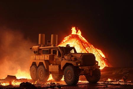 analog gloomy (close up shot) photo of a 6x6 MRAP,  <lora:mr4p:1>, (escaping from fire and lava (at night)), volcano eruuption, ((at night)), (horror movie), ((nighttime)), lava explosions, (midnight), (surrounded by lava:1.2), apocalyptic, catastrophe, High Detail, Sharp focus, (photorealism), realistic, best quality, 8k, award winning, dramatic lighting, epic, cinematic, masterpiece, backlit, rim light, ambient fog:1.5, dutch angle, low angle view, depth of field,