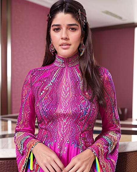 ultra-realistic hires photo of (izle woman), looking looking at viewer, colorful high neck cocktail dress with intricate details, fashion shoot <lora:izle_Izabelle_Leite_SD15_LoRA:1>