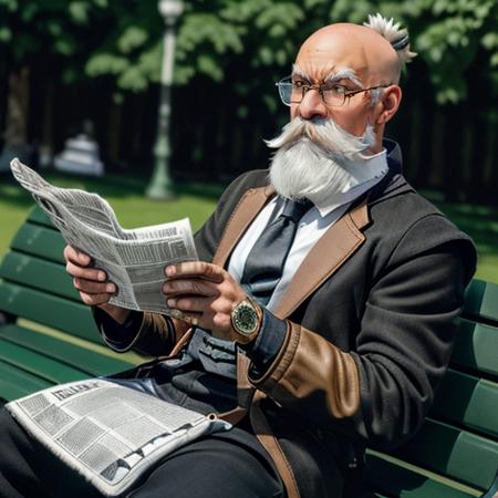 (((a man is sitting on a bench reading a newspaper))) <lora:KnolanBattleChasersLora:0.5> 1boy, male focus, facial hair, beard, mustache, old man, white hair, glasses, bald, gloves, staff, Highly detailed,masterpiece, best quality