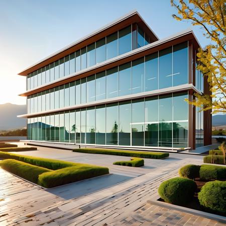 modern architecture,Office Building,High-level,Stone and wood,Straight Line Shape,Terrace and plants,Square,Sunscape,Real,