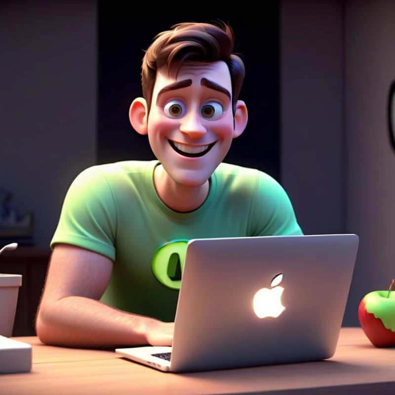 3d pixar style animmated scene of a guy using an apple mac laptop smiling at the camera