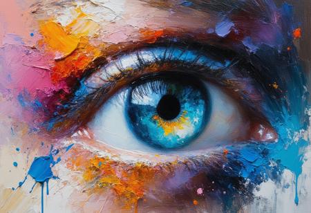 Hyperrealist painting fused with chaotic abstract expressionism, style of Chuck Close meets Jackson Pollock. Extreme close-up: A single eye reflecting a universe. The iris is a meticulously detailed galaxy swirl, hyper-realistic. Suddenly, this dissolves outwards into explosive splatters, drips, and chaotic strokes of vibrant, clashing neon paint (pinks, electric blues, acid greens) that obliterate the surrounding facial features. Sharp focus on the galactic iris contrasts violently with the pure gestural abstraction. Raw canvas texture visible beneath thick impasto paint. Atmosphere of controlled chaos, cosmic introspection shattering.
