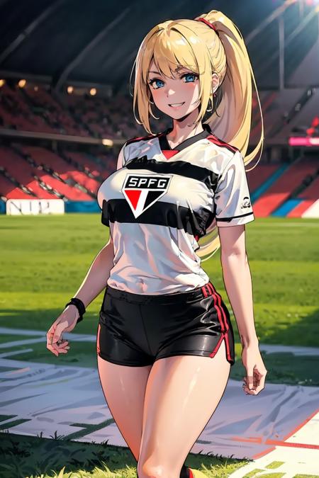 (extremely detailed CG unity 8k wallpaper), (best quality), (ultra-detailed), (best illustration), 1girl, detailed soccer stadium, outdoors, beautiful sunlight, soccer uniform, shorts, socks, soccer, (striped uniform),  green field  <lora:samus-nvwls-v1:0.55>, samus aran, ponytail, hair tie, <lyco:saopaulo-10:0.8>, saopaulo, (blue eyes), white uniform, smiling, ((tall, wide waist, large breasts))