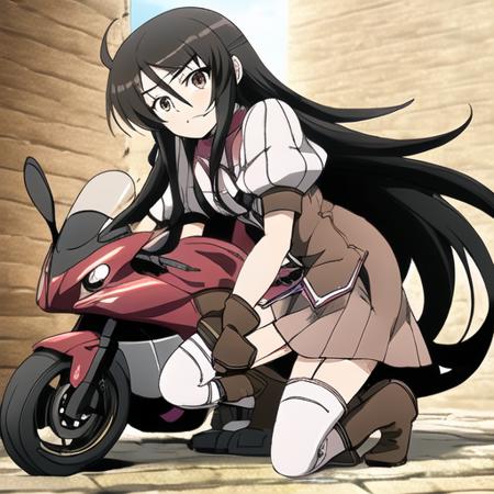 Adeltrud Walter,long hair,black hair,brown eyes,miniskirt,white THIGHHIGHS,brown boots,short sleeves