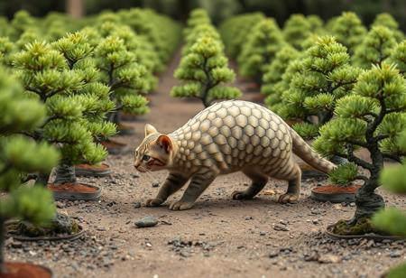 pangolin cat walking through a forest of tiny bonsai trees that are all spaced apart as though they were full sized trees