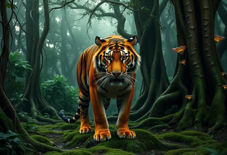 "Masterpiece, best quality, highres, ultra-detailed, cinematic lighting. A magnificent tiger stands in the heart of a dense, misty jungle, its piercing amber eyes locking onto the viewer with an intense and primal stare. Its muscular frame is covered in sleek, vibrant orange fur with deep black stripes, each pattern perfectly defined against the lush greenery. Its whiskers twitch slightly, and its massive paws press firmly against the damp earth, leaving imprints in the soft, moss-covered ground. The air is thick with humidity, and droplets of water cling to the tiger's coat, catching the faint glow of sunlight filtering through the dense canopy above. The jungle is alive with the distant sounds of chirping insects and rustling leaves, yet an eerie silence surrounds the tiger as if the entire forest acknowledges its dominance. Towering ancient trees with twisted roots form a natural labyrinth around the beast, their trunks covered in creeping vines and bioluminescent fungi that emit a soft, ethereal glow. In the background, a distant waterfall cascades down moss-covered rocks, the mist rising from below, creating a hazy, dreamlike atmosphere. The composition is perfectly balanced, with the tiger slightly off-center, drawing immediate focus to its razor-sharp gaze and the intricate details of its fur, each strand illuminated by the interplay of light and shadow. The air is thick with tension, as if the jungle itself is holding its breath, waiting to see what happens next."