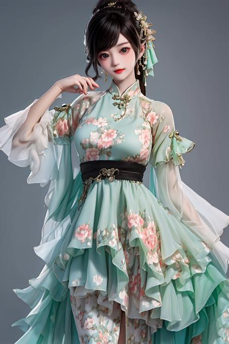 masterpiece, best quality,newchinesestylesuit,,1girl , looking at viewer, full body, simple background, Mint Green dress,