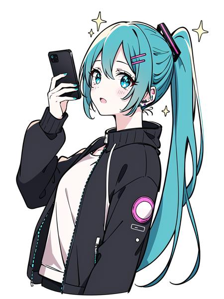 hatsune miku, solo, ponytail, long hair, blush, phone, holding, white background, holding phone, cellphone, black jacket, jacket, simple background, shirt, upper body, smartphone,, solid circle eyes, hairclip, long sleeves, sparkle, open mouth