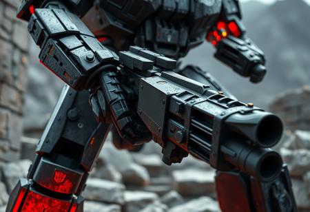 a close up of a robot gun on a Blasting the Ruins background, dark grey decepticon mech, official details photo, focus on full - body, scratchy, dirty old grey stone, ebay listing, reduce duplication interference, red shift render, grey robes, spotlighting, circa 1 9 8 4, brutus pose, f 1 aperture, by david a. hardy, noriyoshi ohrai, rendered in unreal engine, background  trending on artstation, low contrast, 4 k, intricate details, highly detailed, masterpiece, smooth, sharp focus!!!, extremely high detail