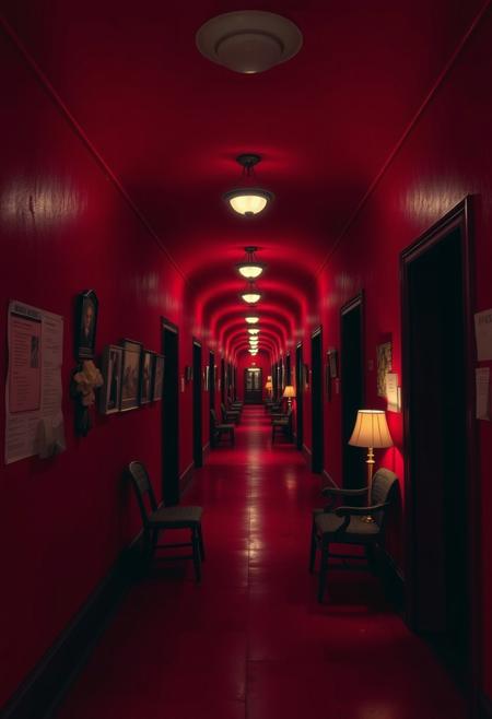 Another corridor stretches round in a circle, and again the color scheme
reverts to a deep blood red.  There are no ornaments or paintings here, though
there are various notices pinned onto the walls.  There are chairs and lamps
dotted around.