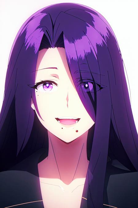 aurora, 1girl,  solo,  eyes visible through hair,  purple eyes,  mole,  mole under mouth,  open mouth,  hair over one eye,  looking at viewer,  purple hair,  smile,  white background,  long hair,  simple background,  portrait
high quality, best quality, ultra detailed, masterpiece, <lora:EMS-55245-EMS:0.800000>