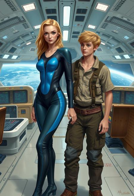 fantasy style painting.
a teenage boy age 18 and a teenage girl age 18, stand side by side on the bridge of a large starship. The woman is wearing a tight black and blue bodysuit. She is fully clothed. She has blonde hair and fish gills on her neck. The man has blond hair and is wearing farmer clothing.
The bridge of the starship is large and light in color. There are at least 20 workstations to control and manage the starship
