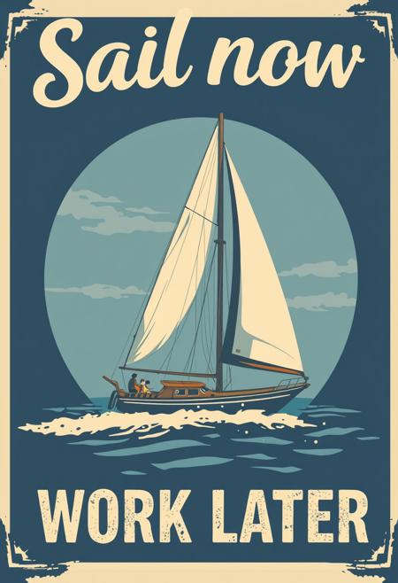 graphical art, sailboat, poster design, text "Sail now work later", vintage retro style,