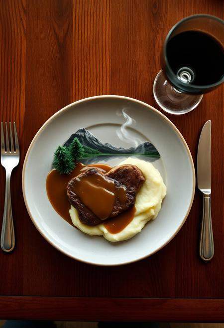 a plate of food on a polished wooden table, the plate of food is a scene, mountains, gravy lake, a tiny house  made of steak with smoke coming from the chimney, fork and knife on the table, wine glass next to the plate, the mashed potatoes are egges potaitos