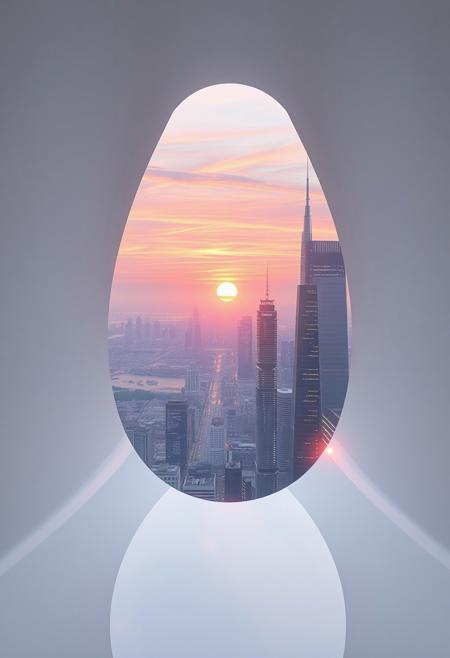 A fleeting sunrise seen through a narrow, frosted slit in the glossy, stark-white composite wall of an ultra-futuristic, dystopian megatower. For a single second, the sun’s radiant, pearlescent-orange rays stream in, casting an otherworldly glow across the pristine, all-white interior filled with pulsating quantum displays, sleek levitating panels, and softly whirring tech nodes. Beyond the slit, a sprawling, hyper-advanced cityscape stretches out with shimmering, translucent skyscrapers and glowing energy grids silhouetted against a sky streaked with iridescent pink and lavender hues. The brief sunlight reflects off the polished white surfaces inside, amplifying the contrast between the sterile, high-tech environment and the ephemeral beauty of the sunrise, before shadows return.