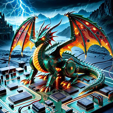 lazypos,  
Concept: PCB Dragon, Cybernetic Beast, Electronic Wyrm, Tech Serpent, Bionic Dragon, Circuit Board Leviathan.  
Visual Aesthetic: pcb_style, circuit board art, electronic aesthetic, glowing circuits, wireframe effect, digital lines, futuristic tech, schematic patterns, highly detailed.  
Creature Details: massive dragon, mythical, powerful, glowing body (PCB), translucent wings, intricate circuitry, copper traces, solder pads, microchips, LEDs, optical fiber elements, metallic accents, organic yet mechanical, sleek, sharp claws (PCB), sensor eyes, hydraulic limbs, tail.  
Effects: internal light, pulsing glow, bright light trails, digital shimmer, intense energy flow, translucent effects, reflections on metallic parts, crisp lines, electrical sparks, smoke/vapor from heat, digital roar (visualized).  
Colors/Hues: dominant dark greens (classic PCB), black, dark grey, with bright, fiery highlights of red, orange, yellow, bright blue for energy and lights; metallic copper, dark silver for traces and components. Mythical-tech palette.  
Background: ruined castle (pcb aesthetic), digital mountains, storm, lightning, explosions, dark void with neon elements.  
Visual Style: sci-fi dragon, creature design, conceptual art, technical illustration, highly detailed, atmospheric, futuristic, intricate, captivating, powerful.