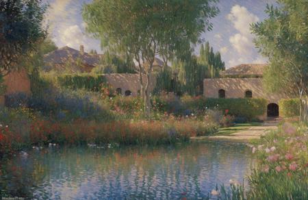 (impressionism:1.15), (john harris:0.9), clump ,yard ,hacienda , a painting,scenery,scene painting,