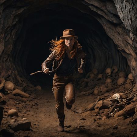 Woman running towards the camera, inside a dark cave. A giant rocky sphere is behind her.
She's wearing a brown fedora, brown leather jacket, baggy pants.  There are lots of skulls and bones on the ground.
She has a worried look on her face.  She has long flowing orange hair.
A leather whip is coiled up on her hip.