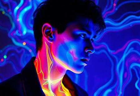 Caucasian Male model , crystallisation, schizophernia, bioluminescent Jem the Hologram, surreal psychedelic flowing avant-garde art by Yoh Nagao and Erik Madigan Heck and Alan Aldridge, 1980's new wave totally radical fashion.,side view, side eye,