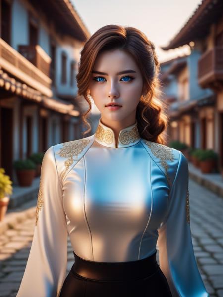 cinematic photo Quake engine of a intricate background, Tremendous Girl, Philosopher, wearing Macanese High-neck top, Action pose, Murano Pompadour hairstyle, Croatian Glowing Blue Eyes, Freckles, plain background, at Golden hour, Ultra Detailed, Trillwave, pixiv . 35mm photograph, film, bokeh, professional, 4k, highly detailed