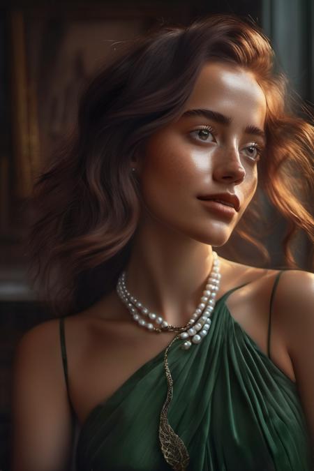 <lora:isabelamerced_xl_lora_30:1>  isabelamerced a beautiful  woman  Realistic 8K portrait: A young Smiling Freckles brunette, green eyes, wind-blown long hair, pearl necklace; dramatic lighting, cinematic colors; hyper-above