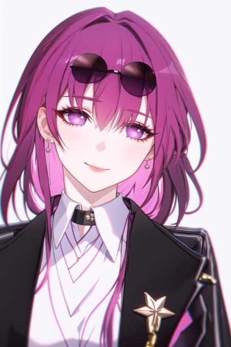 1girl, bangs, black jacket, closed mouth, collared shirt, earrings, eyewear on head, gloves, jacket, jewelry, long hair, long sleeves, looking at viewer, pink hair, purple eyes, purple hair, red gloves, shirt, smile, solo, star-kafka, sunglasses, upper body, white background, white shirt,((cute)),(masterpiece),(best quality)